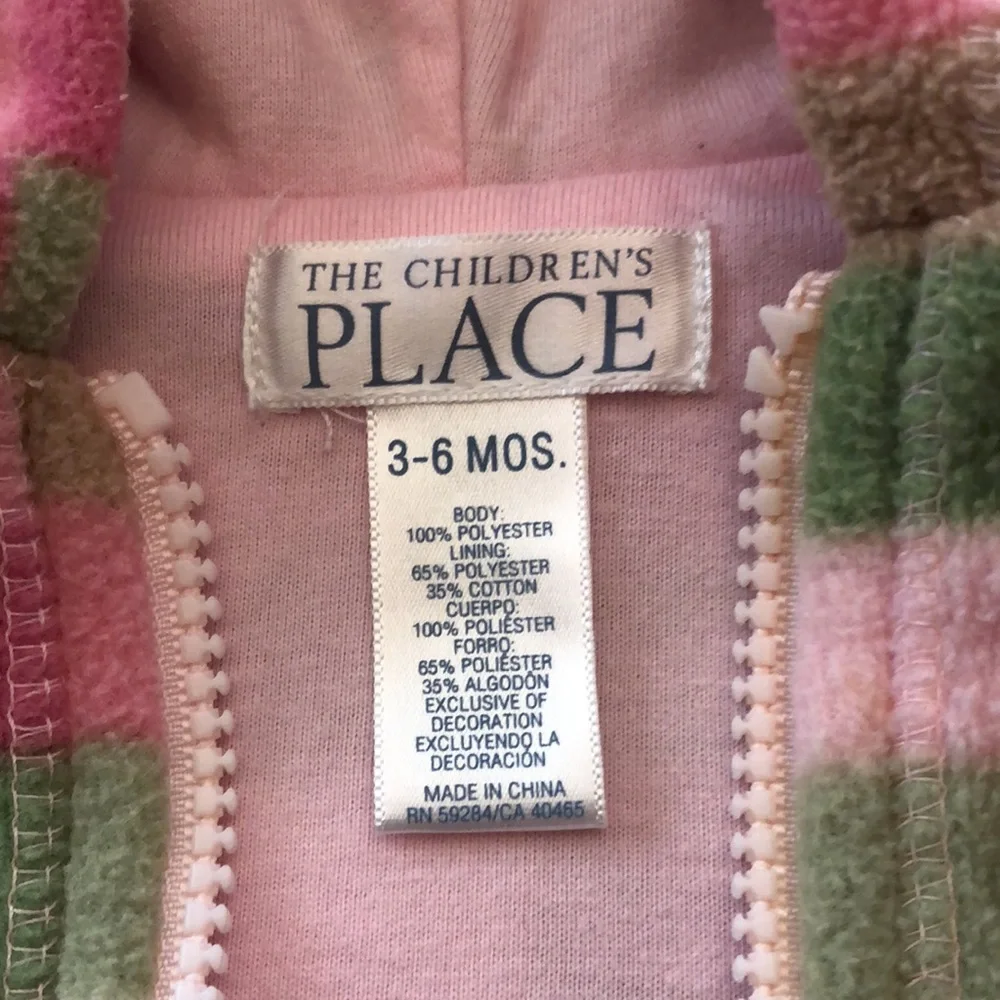 Children’s Place Pink Green Checkered Full Zip Fleece Hooded Jacket 3-6 months